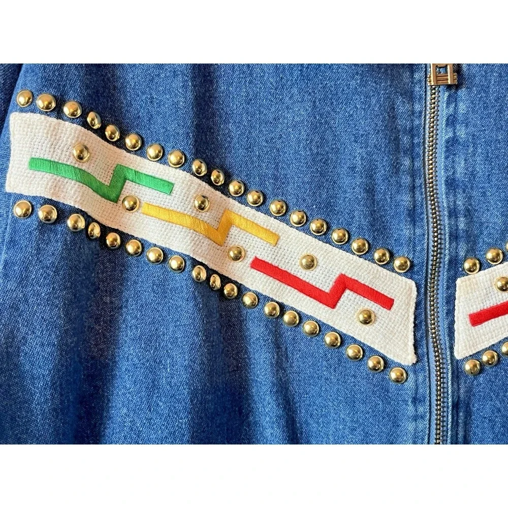 Vtg Gepetto Womens Blue Denim Gold Studs Jacket & Matching Pull on Pants XL SET